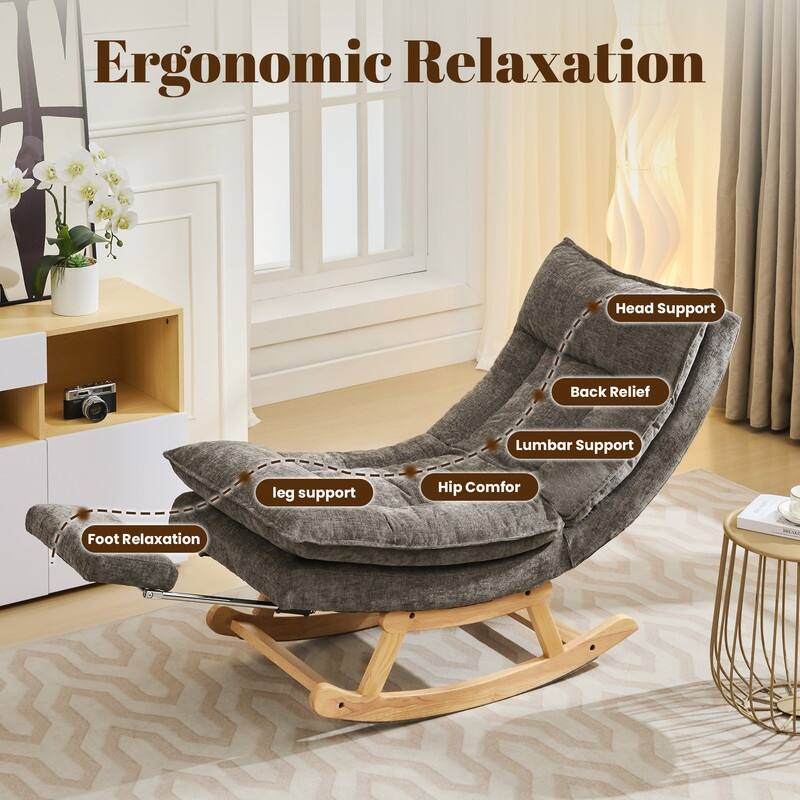 Fabric Upholstered Rocking Chair with Solid Wood Base and Hidden Footrest – Ergonomic Dual-Cushion Design