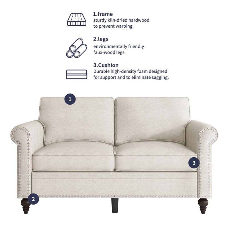 Mixoy 2 Piece Living Room Sofa Set with Rivet Design,Linen 3-Seater Sofa Couch,Loveseat Sofa/Single Sofa Chair