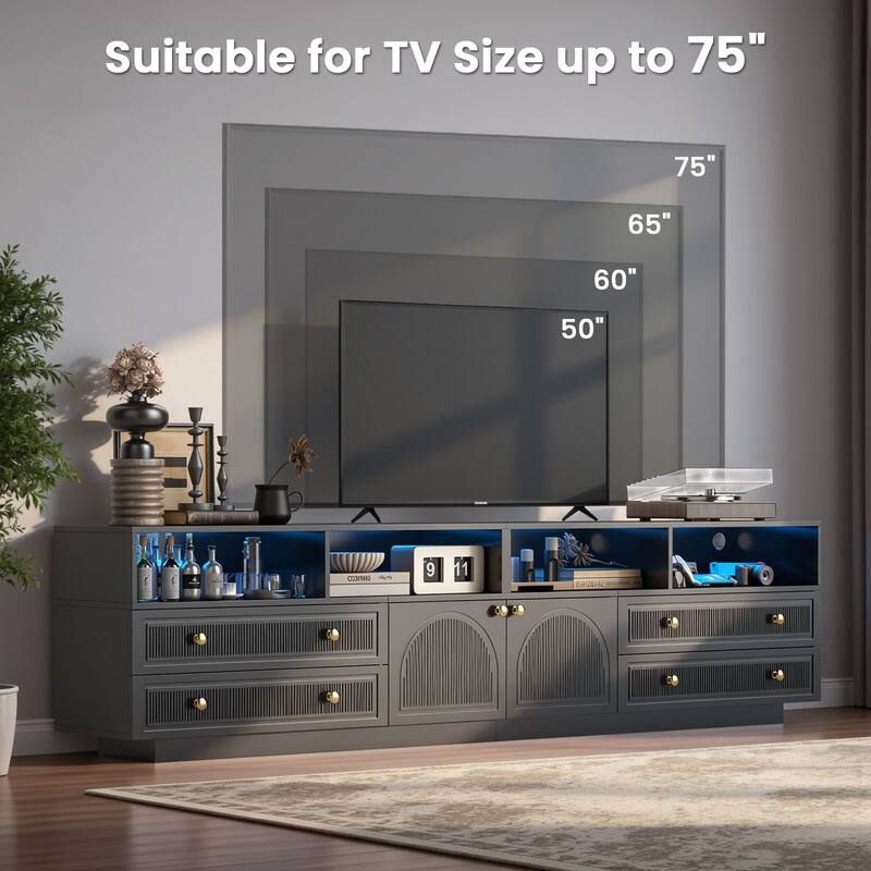 Meyreso 86.6" Modern LED Lighted TV Stand with 4 Open Shelves and Storage Cabinets