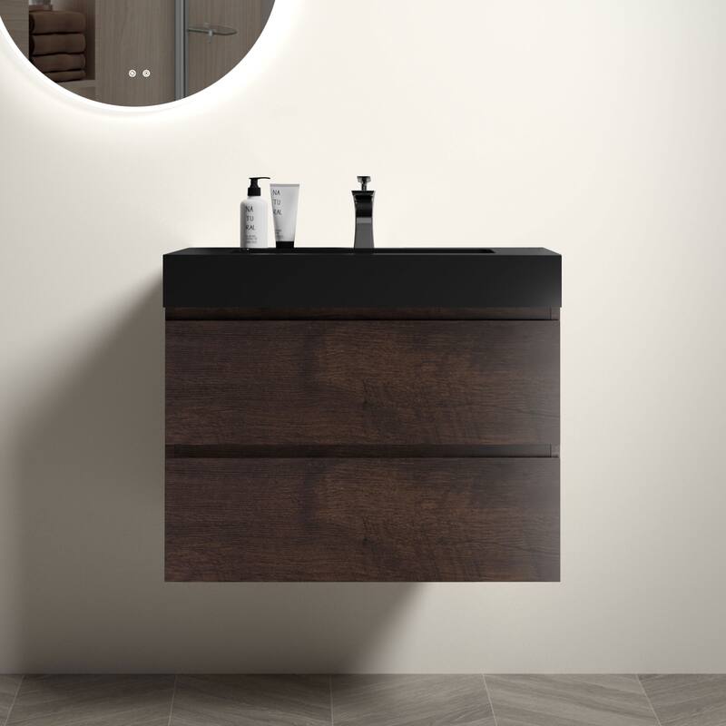 GDFStudio - Naomi Modern Floating Bathroom Vanity with Soft-Close Drawers and Pre-Assembled One-Piece Sink Basin - Walnut+Black - 30"