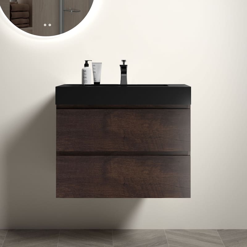 Modern Large Storage Wall Mounted Bathroom Vanity with One-Piece Sink Basin without Drain and Faucet - Walnut+Black