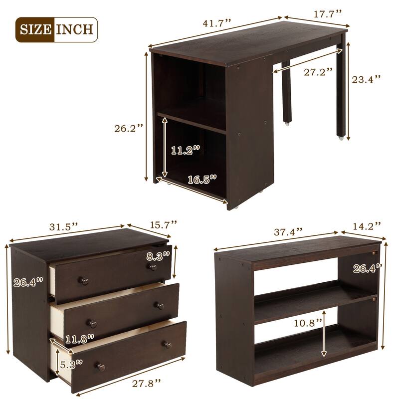 Twin/Full Size Low Loft Bed with Cabinet, Rolling Desk and Bookshelf, Solid Wood Frame for Kids
