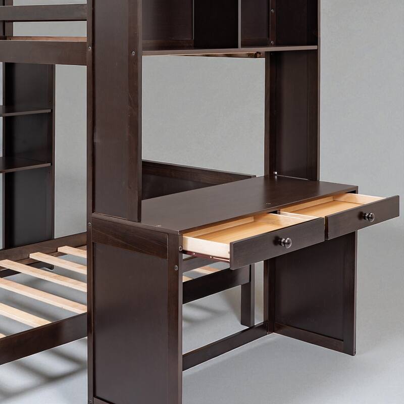Twin/Full Loft Bed with Stand-Alone Bed, Desk, Shelves & Wardrobe, Wooden Frame with Storage and Guardrail