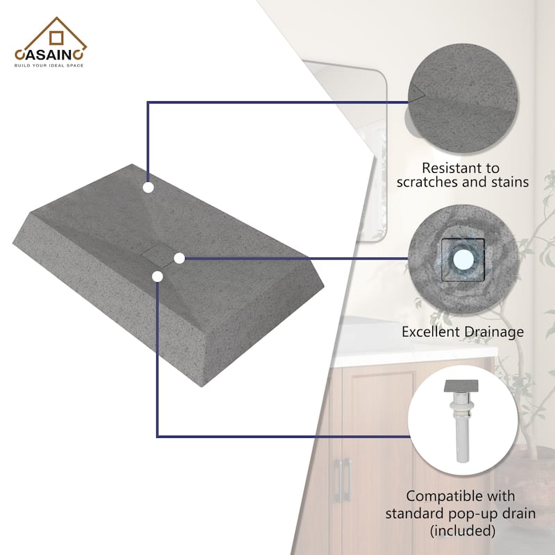 CASAINC Concrete Rectangular Bathroom Vessel Sink Art Basin with X-Diversion Line and The Same Color Drainer