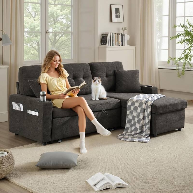 Reversible Sectional Sofa Couch,Sleeper Sofa Bed with Storage Chaise Pull Out Couch for Living Room,USB Charge,Cup Holder