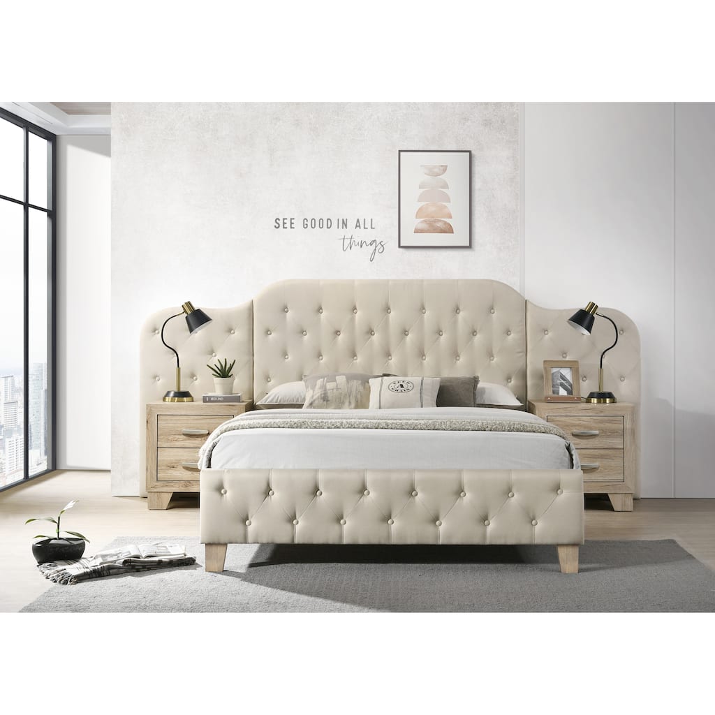 King Size Linen Bed with Button-tufted Frame and Large Headboard