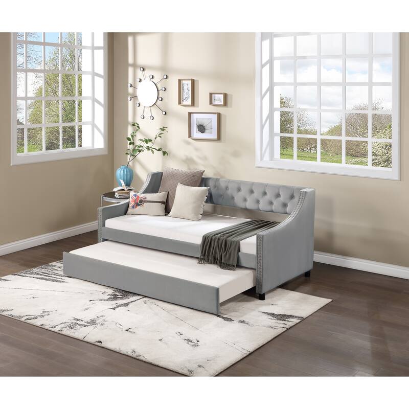 Full Size Daybed with Trundle Upholstered Tufted Sofa Bed, with Button and Copper Nail