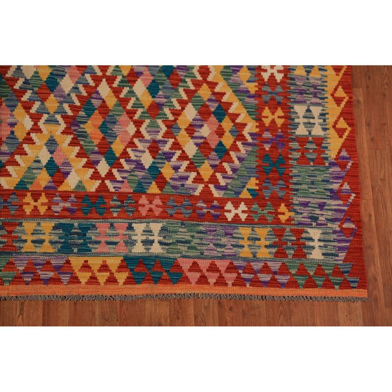 Geometric Kilim Oriental Rug Hand-Woven Multi-Color Wool Carpet - 8'5"x 9'9"