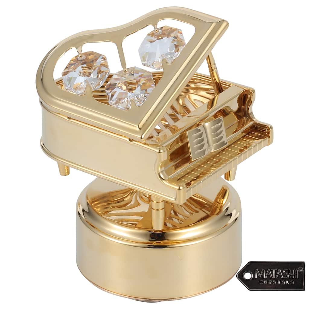 Matashi Home Decorative Tabletop Showpiece 24K Gold Plated Wind Up Music Box with Crystal Studded Grand Piano Figurine