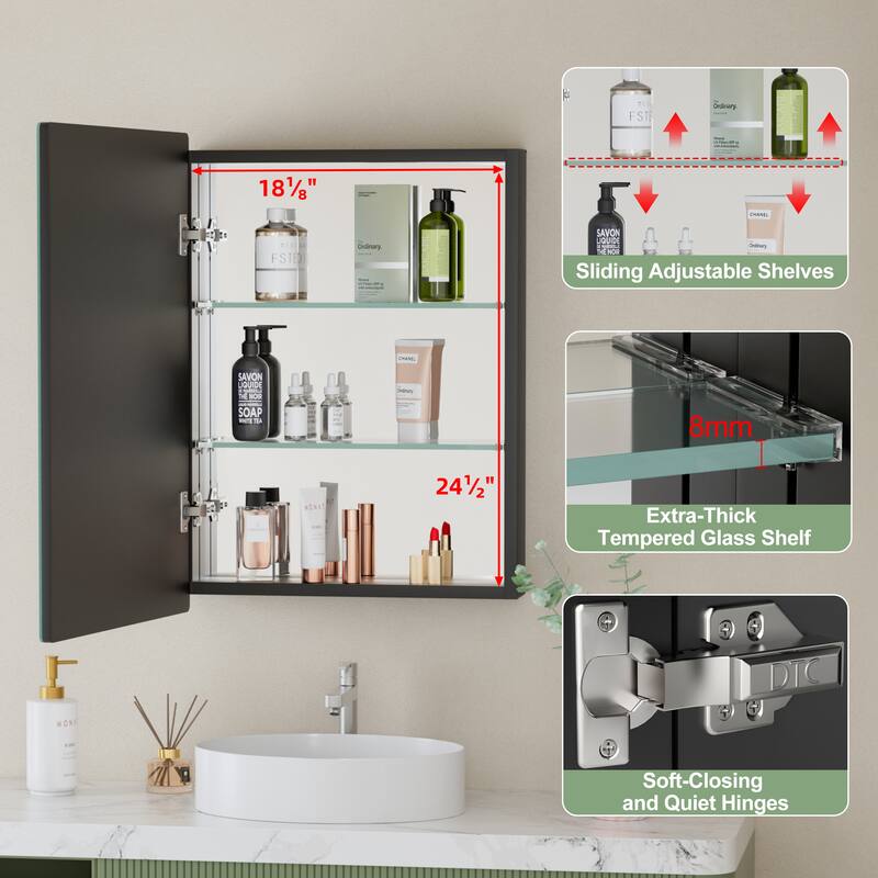 Mira Rectangular Frameless Medicine Cabinet with Mirror, Sliding Adjustable Glass Shelves, Reversible Door