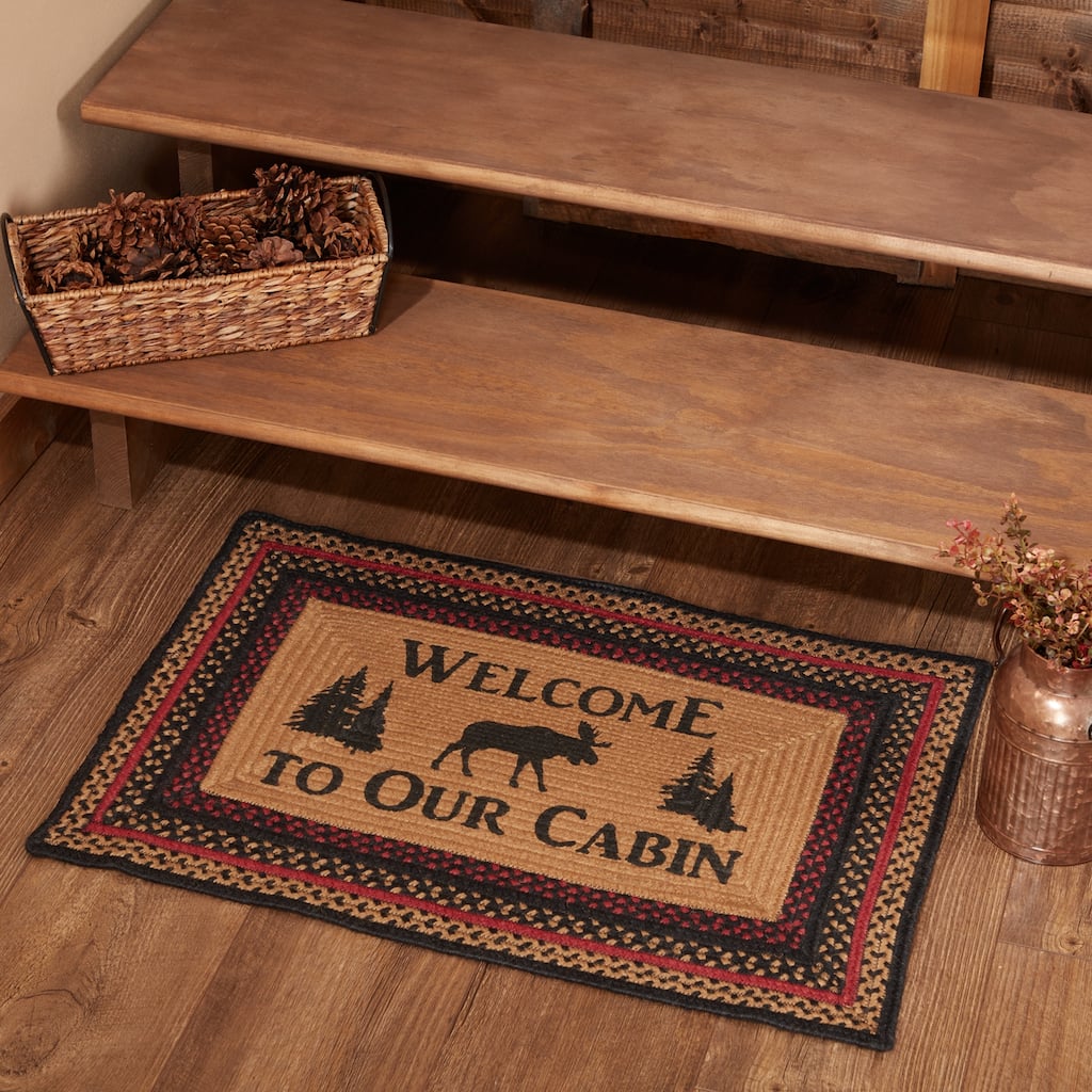 Cumberland Stenciled Moose Jute Rug Rect Welcome to the Cabin 20x30 - 5'x8'
