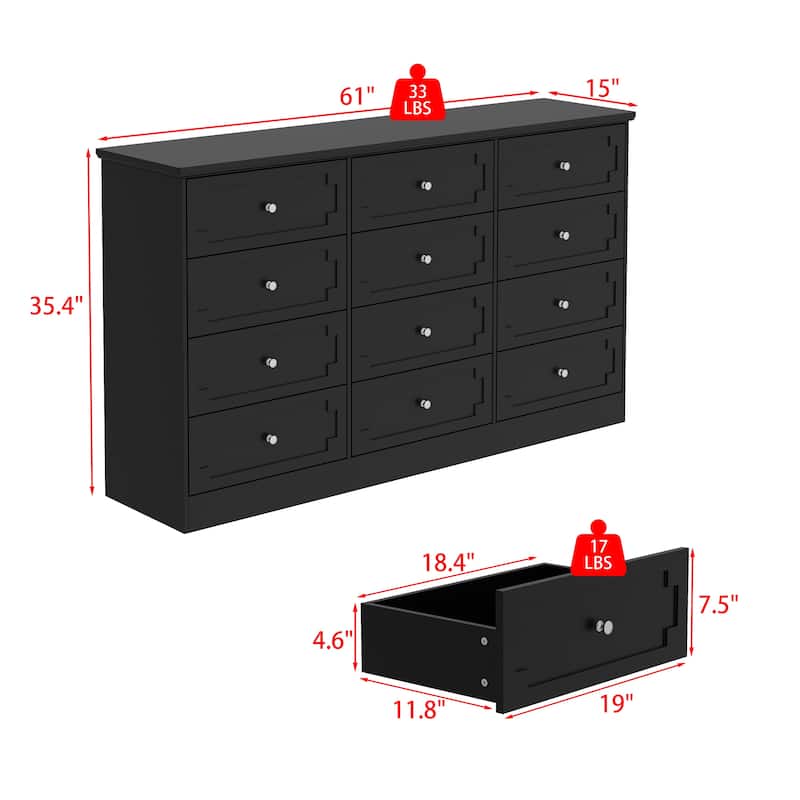 Modern 12-Drawer White Wooden Dresser for Bedroom and Living Room Storage