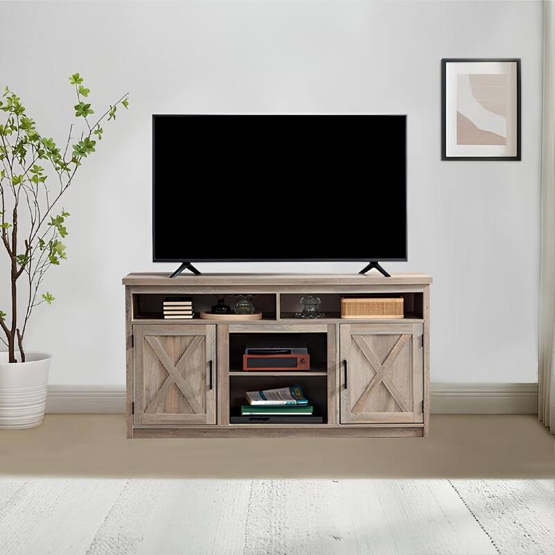 Roomfitters Farmhouse TV Stand for TVs up to 65", Modern Entertainment Center with 4 Open Storage