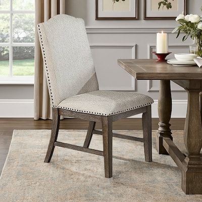 Alex Dining Side Chair Set of 2, High Back, Nailhead Brown Wood, Beige