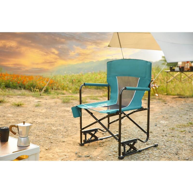 Outdoor Freestyle Rocker Camping Chair Portable Folding Rocking Chair with Solid, Durable Armrests - Blue