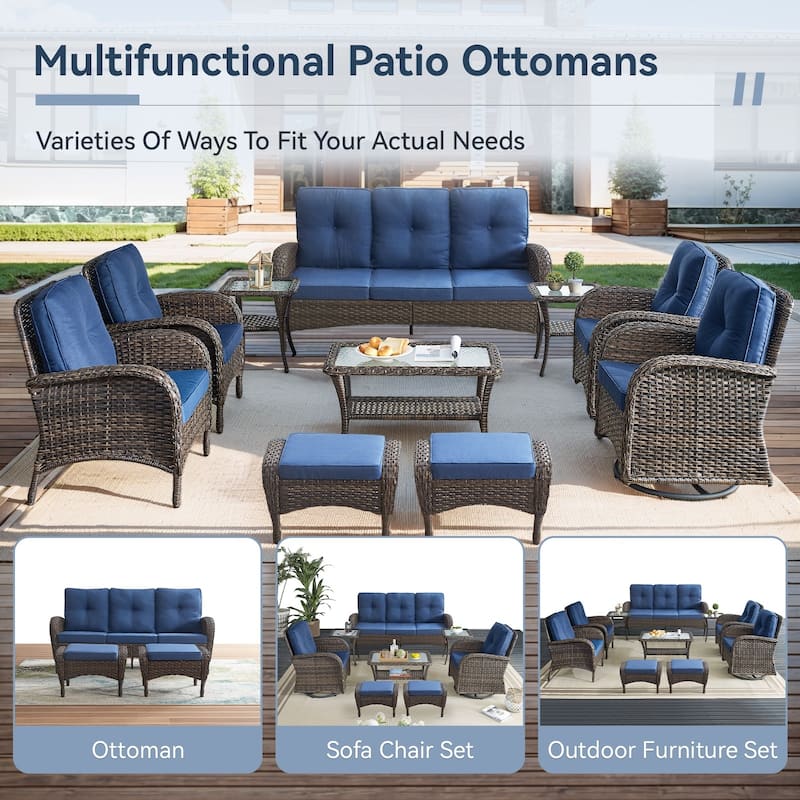 Gymojoy Versatile Outdoor Wicker Ottomans with Soft Cushions