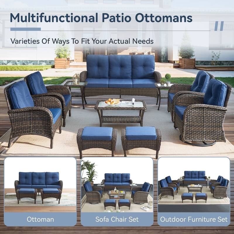 Gymojoy Versatile Outdoor Wicker Ottomans with Soft Cushions