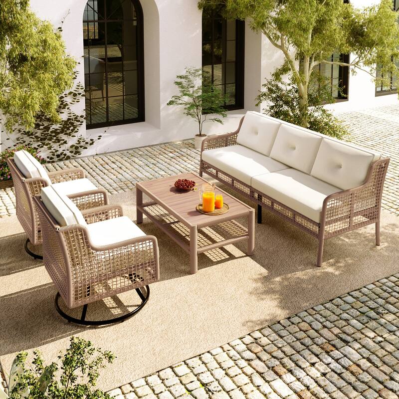 4 Pieces Outdoor Patio Furniture Set w2 Swivel Chairs & Dining Table, Outdoor Rattan Sectional Sofa Set for Backyard Deck