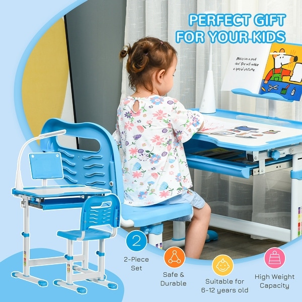 Qaba Kids Table and Chair Set Activity Desk with USB Lamp Storage Drawer for Study Activities Arts or Crafts Blue and White