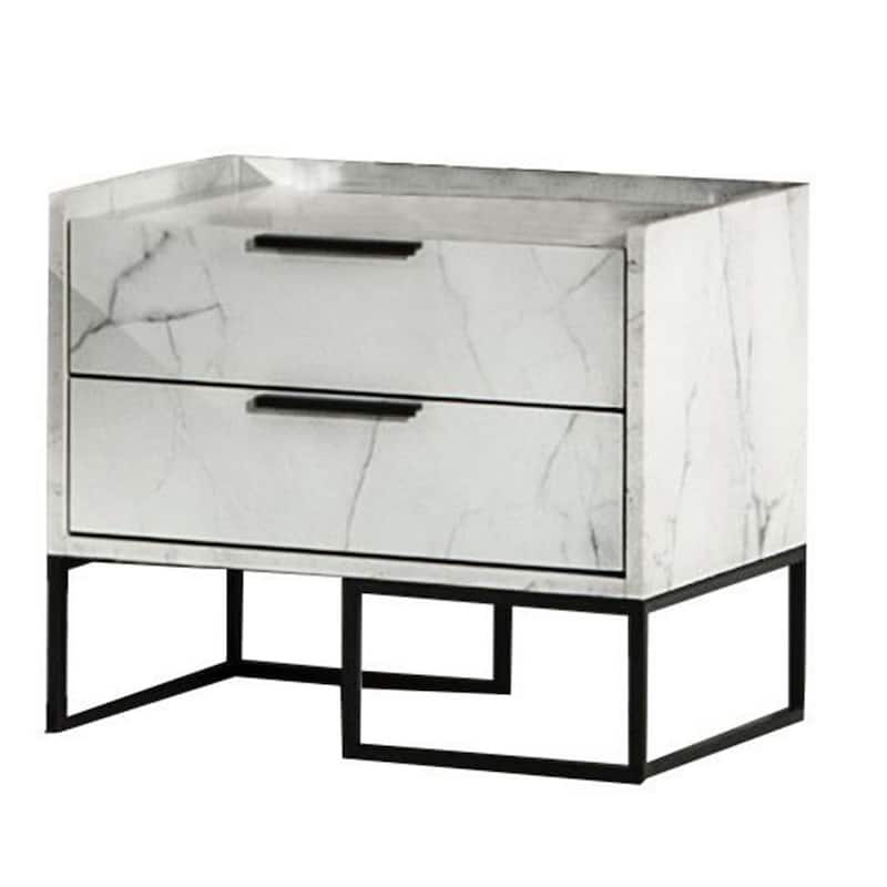 Noe Paul 24 Inch Wood Nightstand, 2 Drawers, Faux White Marble, Metal Legs