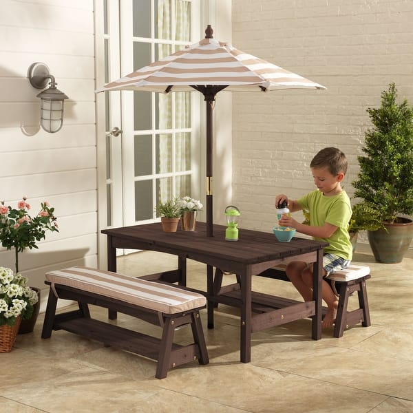 slide 2 of 5, KidKraft Outdoor Wooden Table & Bench with Cushions and Umbrella, Espresso