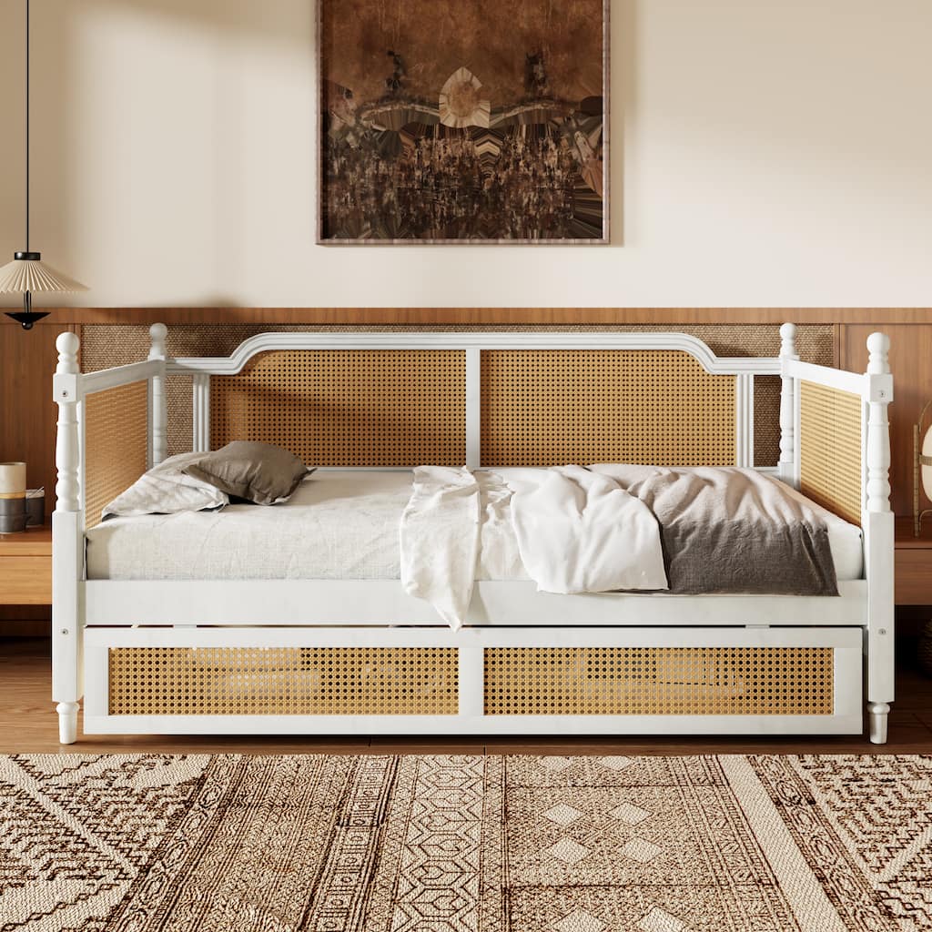 Roomfitters Twin Size Daybed with Storage Drawer, French Vintage Rattan Cane Wood Sofa Bed Frame for Bedroom, Antique White