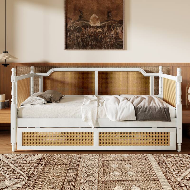 Twin/Full Rattan Bed Frame with 2 Storage Drawers & Curved Headboard, Wood Bedframe Daybed for Limited Space, Bedroom Guest Room - Antique White - Twin