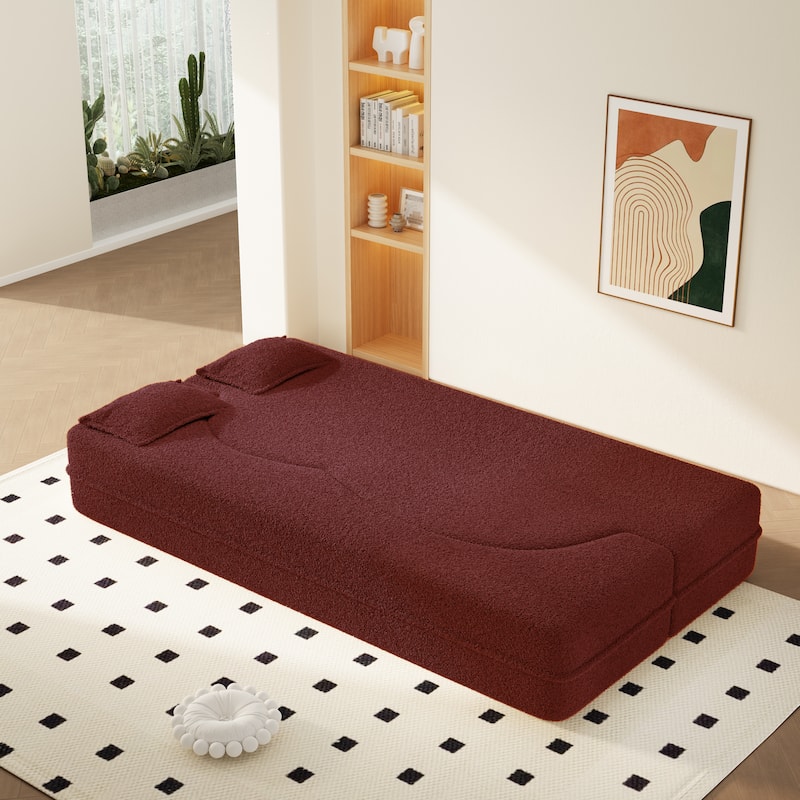 Convertible Floor Sofa with Teddy Fabric, Twin Mattress & No Assembly