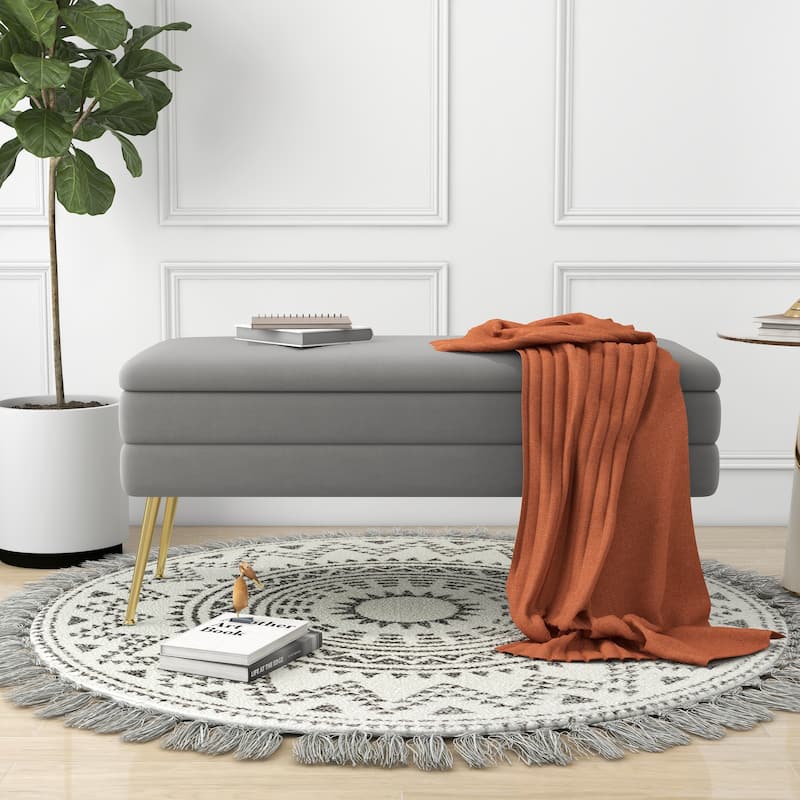 Velvet Storage Ottoman Bench with Metal Legs