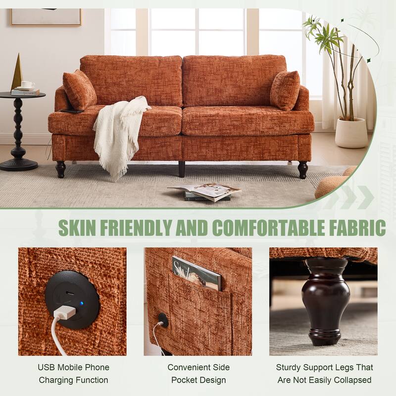 Modern Style Chenille 2-Seater Wood-Legged Sofa With Led Light,USB Charging Port And Storage Bag Living Room Bedroom Study Room