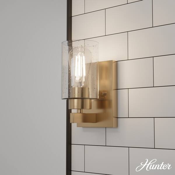 slide 2 of 3, Hunter Hartland 1 Light Wall Sconce - Hallway, Bathroom, Bedside - Round, Clear Seeded Glass - Modern, Transitional - Damp-Rated Alturas Gold