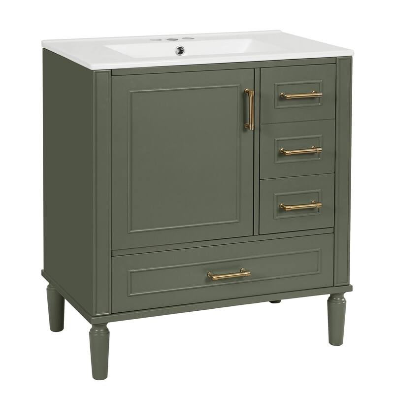 30" Bathroom Vanity with Ceramic Sink, Soft-Close Door with Built-in Shelf, Deep Drawer, Standard Drawer, Long Divider Drawer