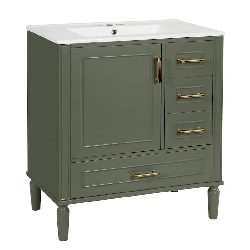 Roomfitters Traditional 30" Bathroom Vanity Set, Floor Standing with Three Drawers, Soft Close Doors, Long Gold Metal Handles