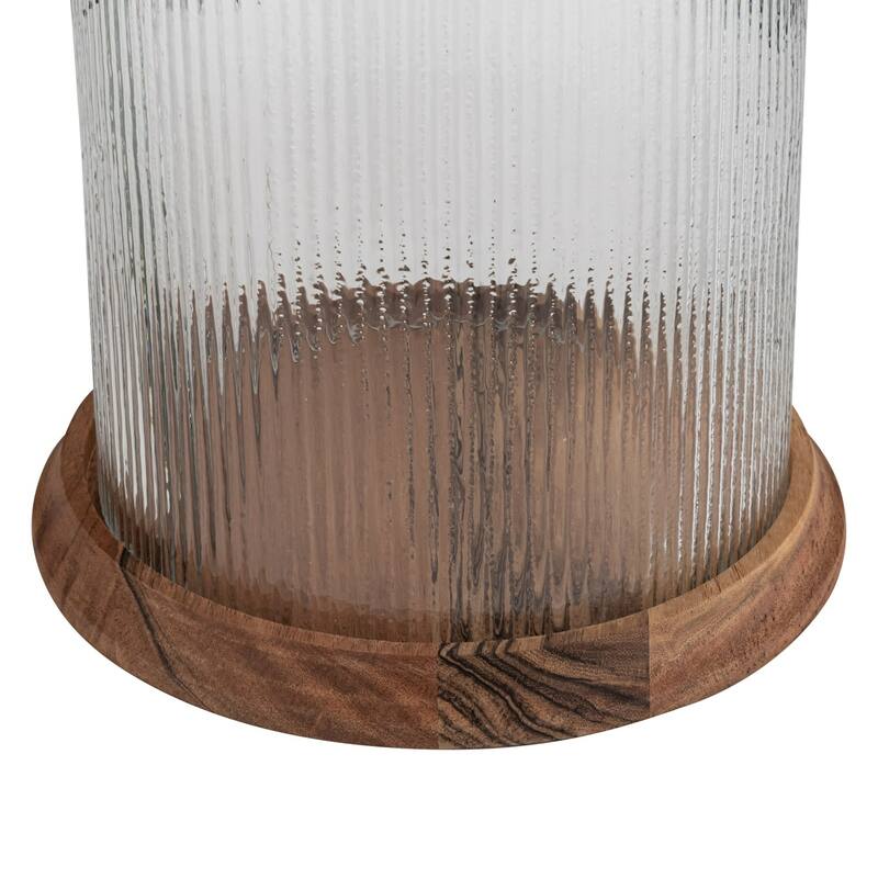 Fluted Glass Candle Lantern with Acacia Wood Base - 15"