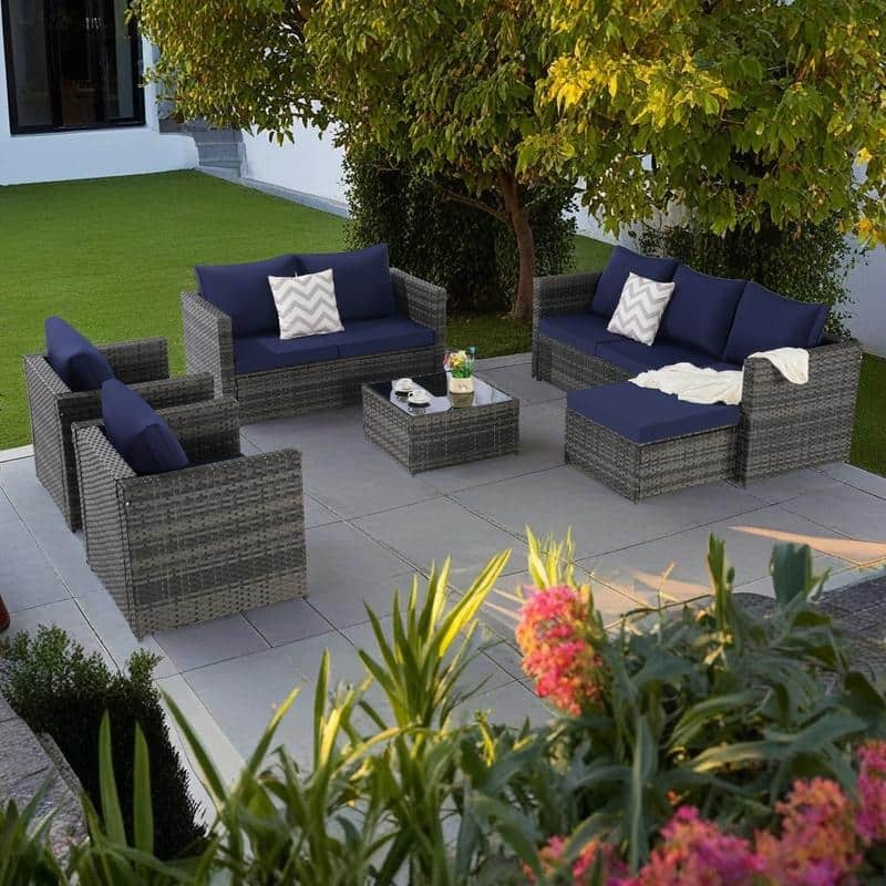 6-Piece Outdoor Patio Rattan Conversation Sectional Sofa Set with Tempered Glass Coffee Table and 2 Armchair - Dark Blue
