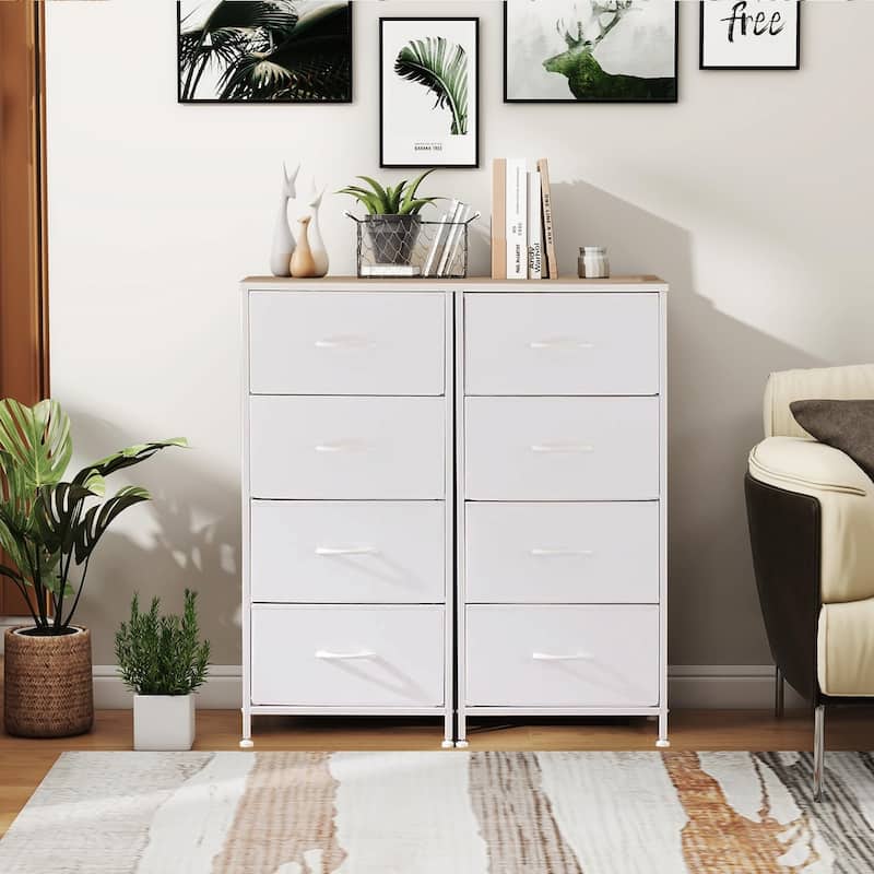 Dresser for Bedroom with 4 Drawers, Anti-Tip Tall Fabric Chests Storage Organizer Tower Furniture with Wooden Top Metal Frame