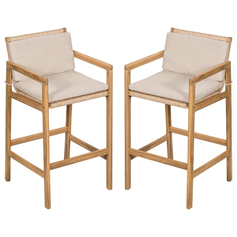 Roomfitters Marcella Outdoor Acacia Wood Barstools with Wicker Back, Teak Finish and Beige Set of 2 - Beige