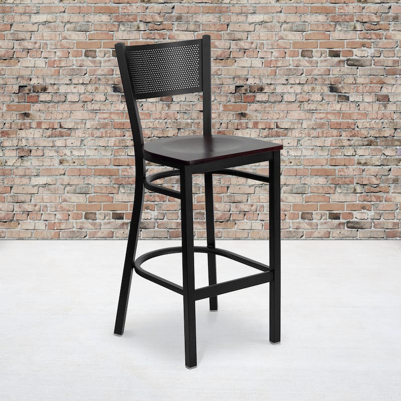 Black Grid Back Metal Restaurant Barstool - 19"W x 19.5"D x 42.25"H - mahogany wood seat/black metal frame
