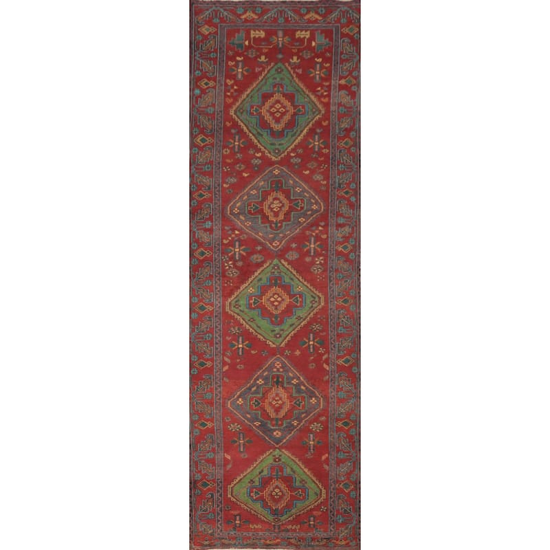 Hand Knotted Oriental 100% Wool Carpet Traditional Geometric Red Tabriz Runner Rug - 14' 0'' X 3' 5''