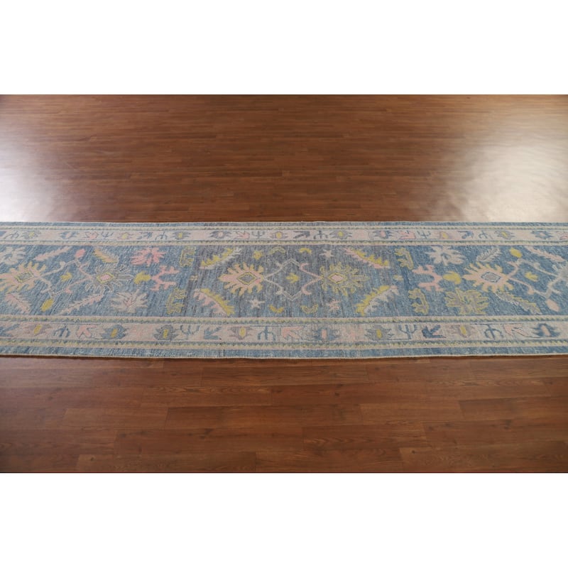 Vegetable Dye Floral Oushak Turkish Runner Rug Handmade Wool Carpet - 3'2"x 16'0"