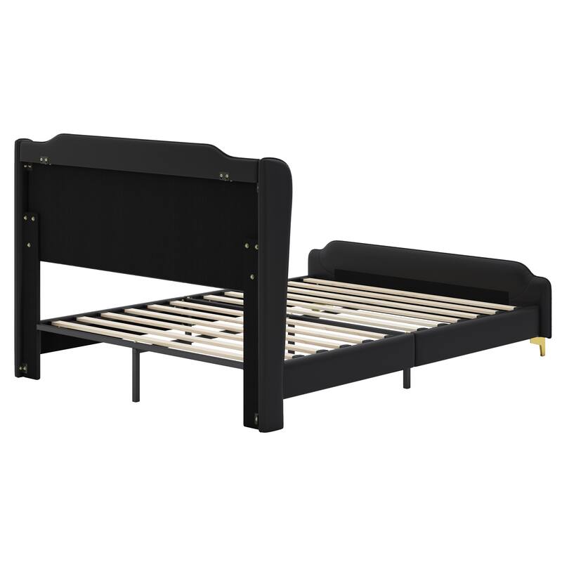 Roomfitters Queen Size Upholstered Platform Bed Frame with Wingback Headboard and Footboard, Faux Leather Tufted Bed
