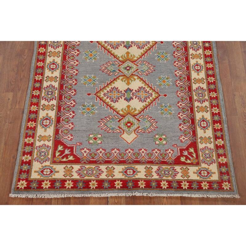 Gray Geometric Kazak Oriental Accent Rug Hand-Knotted Wool Carpet - 3'5" x 4'10"