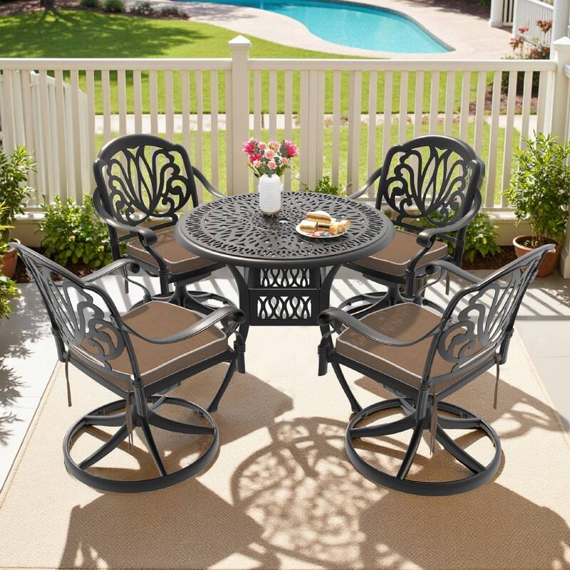5-Piece Aluminum Round Outdoor Patio Dining Set, 4 Cushioned Swivel Chairs, Table, All-Weather Frames