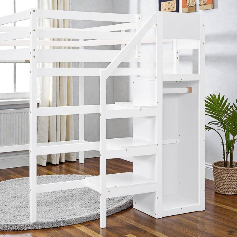 Full Size Loft Bed with Built-in Storage Wardrobe and Staircase, Solid Wood Space-Saving Loft Frame