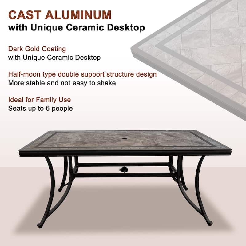 Rectangle Aluminum 67 in. Length Outdoor Dining Table with 2in Umbrella Hole