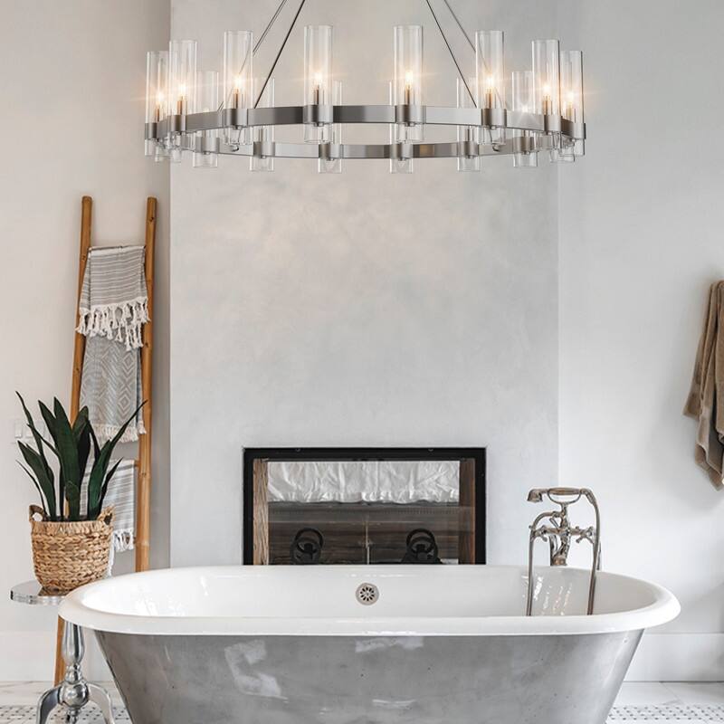 KAYLA 48" 16-Light Gold Chandelier, Wagon Wheel Chandelier with Glass Shade, Modern Farmhouse Chandelier - 48in