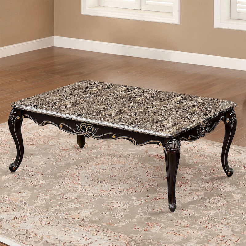Faux Marble and Wood Coffee Table with Cabriole Legs in Dark Walnut
