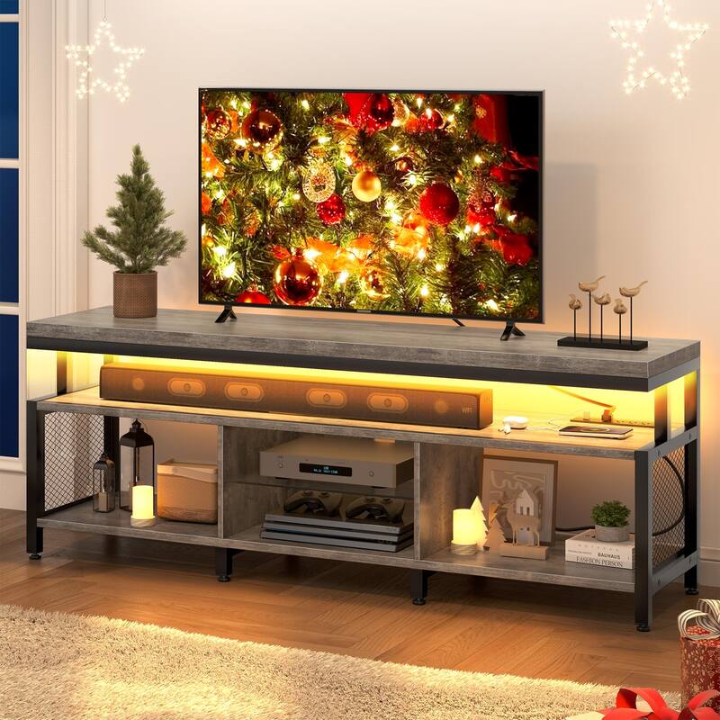 Industrial Wood TV Stand with LED Light with Open Storage Shelves Power Outlets Bluetooth Remote