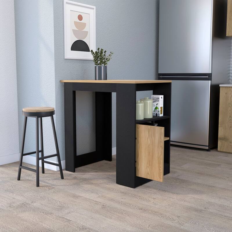 FM FURNITURE Arial Kitchen island in melamine with a door and open storage, black/natural oak