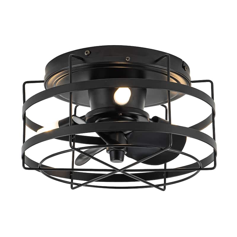 13-inch Matte Black Industrial Flush Mount Small Caged Fandelier Ceiling Fan with Remote and LED Light